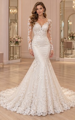 Mermaid Long Sleeve Plunge Sweetheart Floral Lace Train Wedding Dress