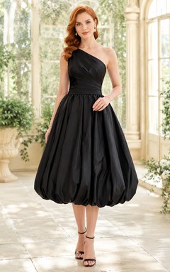 Black One-Shoulder Draped Taffeta Bubble-Hem A-Line Knee-Length Cocktail Dress