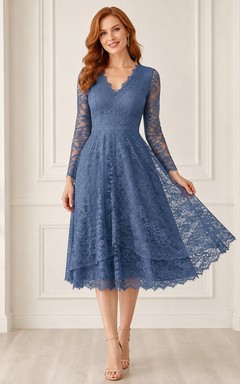 Schieferblaues Vintage-Teekleid mit V-Ausschnitt, Illusion-Spitze und langen Ärmeln