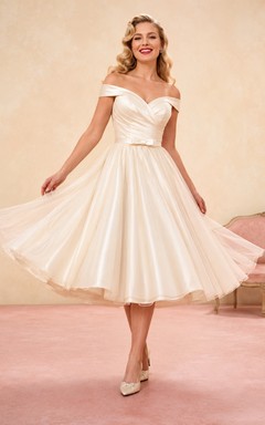 1950s Off Shoulder Ruched Pleated Satin A-Line Swing Tea Wedding Dress