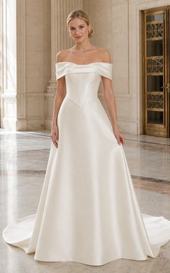 Vestido de novia sencillo y elegante de corte A en satén blanco con hombros descubiertos