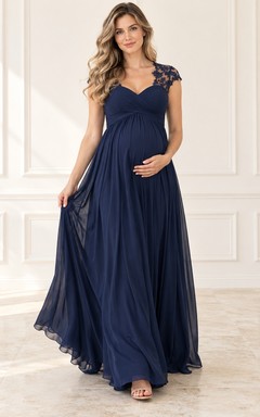 Maternity Dark Navy V Neck Lace Cap Empire Chiffon Dress