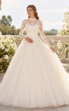 Robe de mariée modeste à col montant, manches longues illusion en dentelle et tulle, traîne chapelle