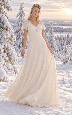 Sencillo vestido de novia de gasa con corte en A, botones en la parte delantera y mangas cortas con volantes.