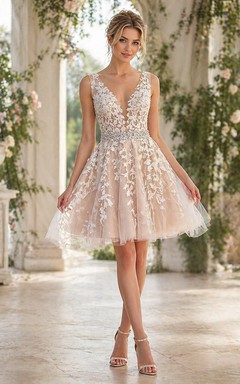 Pearl Pink Plunged Sleeveless Lace Applique Empire Short A-line Dress with Beadings