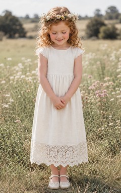 Flower Girl Dress Ivory Cotton Lace A-Line Scoop Neck Tea Length
