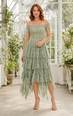 Wedding Guest Dress Sage Lace A-Line Off Shoulder Short Sleeve High Low