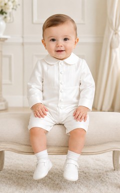 White Peter Collar Long Sleeve Button Christening Short Set for Baby Boy