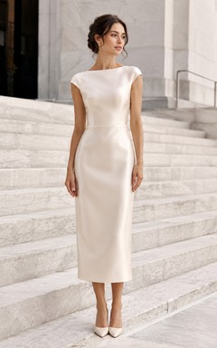 Vestido de novia midi de satén con escote barco para el juzgado y el ayuntamiento.