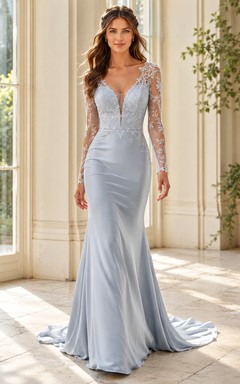 Robe de mariée sirène élégante en satin gris-bleu à col en V et manches illusion longues en dentelle, ornée de dentelle.