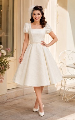 Vintage 1950s Square Neck Puff Sleeve Satin A-Line Tea Wedding Dress