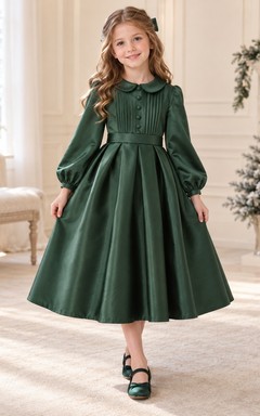 Forest Green Satin Button Bodice Bishop Sleeve Tea-length Flower Girl Dress