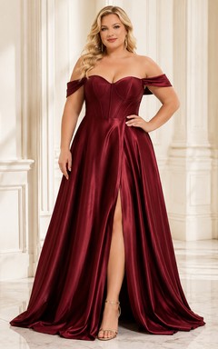 Burgundy Plus Size Off Shoulder Satin A-Line Front Slit Formal Gown