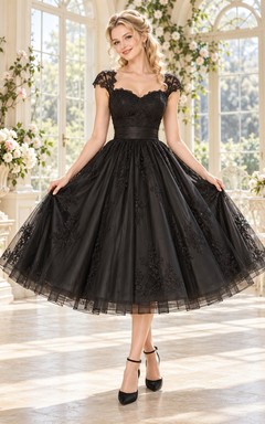Vintage Black Tea-length Cap Sleeve Sweetheart Lace Wedding Dress
