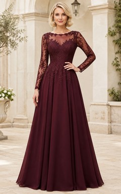 Burgundy Lace Long Sleeve Sweetheart A-Line Evening Gown Dress