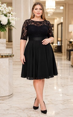 Plus Size Black Knee-Length Bateau Lace Sleeve Cocktail Dress Reception