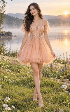 Robe de bal courte en tulle à col V et manches papillon, en dentelle florale, couleur papaye.