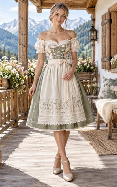 Robe Dirndl vintage champêtre couleur sauge, épaules dénudées, corsage fleuri à dentelle et tablier