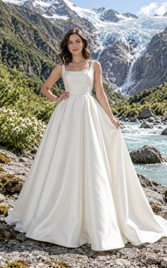 Schlichtes Brautkleid aus Satin mit quadratischem Ausschnitt, Schleifenträgern und A-Linien-Profil
