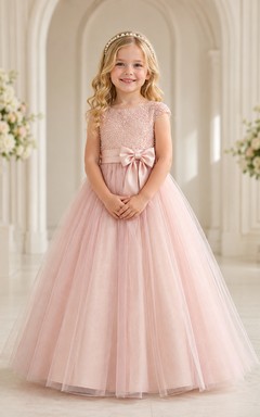 Lace Bodice Tulle Flower Girl Dress with Bow Back