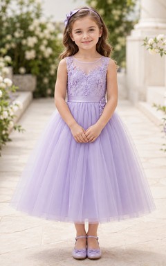 Lavender Lace Tulle A-Line Flower Girl Dress with Jewel Neck and Tea-Length Skirt