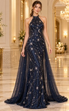 Dark Navy Celestial Halter Beaded Cape Back Evening Gown