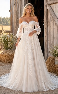 Lace Tulle Wedding Dress A-Line V-Neck Sleeveless Chapel Train Bridal Gown
