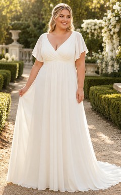 Robe de mariée minimaliste en mousseline, coupe trapèze, col en V, manches courtes, traîne.