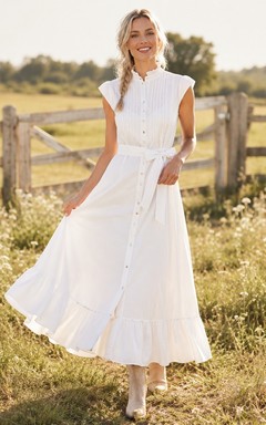 Country White V Neck Cap Sleeve Button Ankle Dress