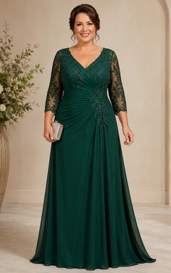 Dark Green V Neck Lace Mother Gown Dark Green V-neck A-Line Floor-length