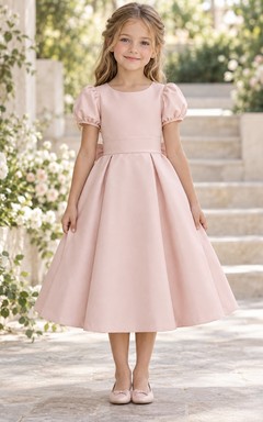 Simple Tea-length Pearl-pink Jewel Puff-sleeve Banded Box-pleated Bow-back Zipper-back A-line Flower Girl Dress