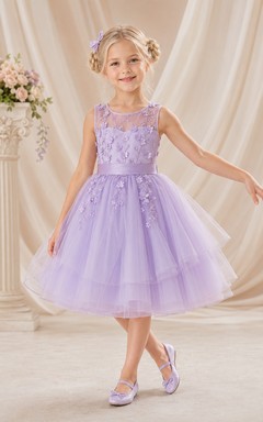 Lilac Illusion Neck Tea-Length A-Line Flower Girl Dress with Floral Applique Bodice, Satin Waist and Layered Tulle