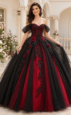 Black Red Luxury Off Shoulder Petal Sleeve Embroidered Sweet Sixteen Princess Ball Gown