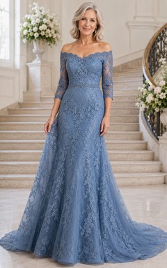 Stahlblaues schulterfreies Meerjungfrauen-Kleid aus Spitze für Mütter