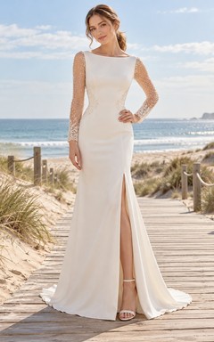 Long Sleeve Bateau Neck Split Front Sheath Wedding Dress