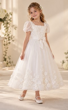Square Neck Ivory Puff Sleeve Floral Applique Bow Sashed Ankle-length Tulle Flowergirl Dress