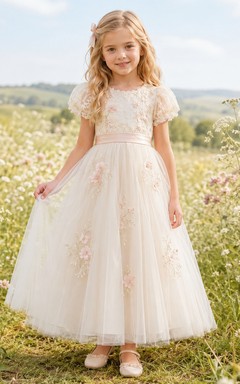Flower Girl Dress Ivory Lace Tulle A-Line Short Sleeve Scoop Neck Tea Length