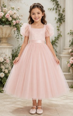 A-line Tea-length Puff Sleeve Tulle Flower Girl Dress with Pink square-neck bodice with puff sleeves and tulle