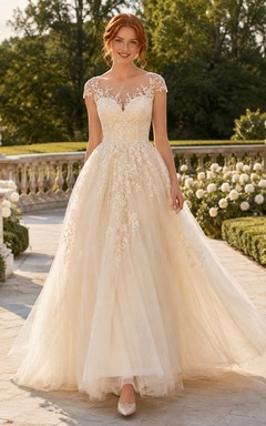 Modest Cap Sleeve Illusion Lace A-Line Sweep Train Romantic Wedding Dress
