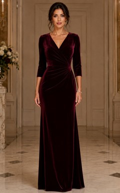 Robe fourreau longue en velours bordeaux à col en V