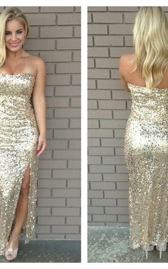 Precioso vestido de fiesta largo hasta el suelo, sin tirantes, con lentejuelas y abertura frontal, ¡en oferta!