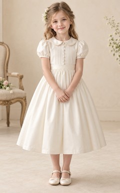 Vestido de niña de flores vintage color marfil, corte en A, satén, mangas abullonadas, pliegues y cierre de botones en la espalda.
