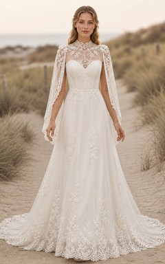 Vestido de novia bohemio de manga larga, corte A, escote barco, cola catedral de encaje con alas