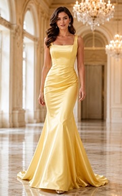 Vestido de novia moderno de satén color amarillo dorado con escote cuadrado y cola larga estilo sirena.