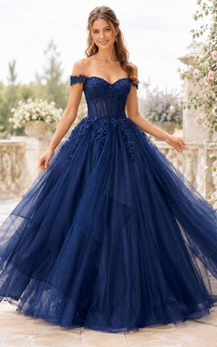 Romantic Dark Navy Tulle Ball Gown Floor-Length Off-Shoulder Straps Prom Dress