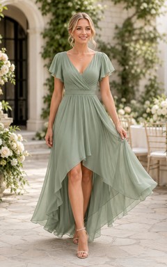 Vestido de gasa asimétrico con escote en V y mangas con volantes, color verde salvia.