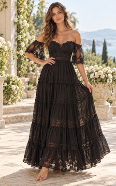 Boho Black Off Shoulder Lace Sleeve Tiered Long Guest Dress