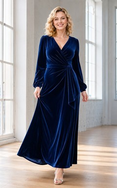 Dark Navy Velvet V-neck Long Sleeve A-Line Floor-length Luxury Elegant Formal Evening Ruched Dress