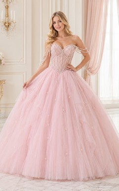 Robe de bal de princesse rose poudré, bustier sans bretelles, ornée de perles et de tulle drapé, pour quinceañera.