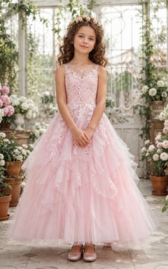 Blumenmädchenkleid aus rosafarbenem Tüll, A-Linie, Rundhalsausschnitt, Teelänge